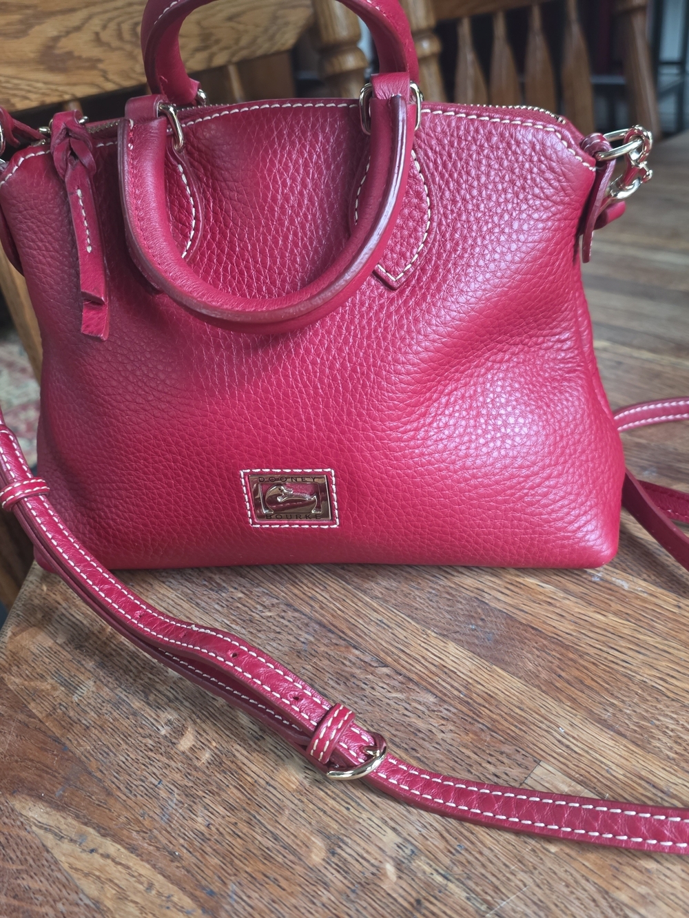 Dooney & Bourke Red Pebble Thick Leather Satchel Gold HW Double Handle Crossbody